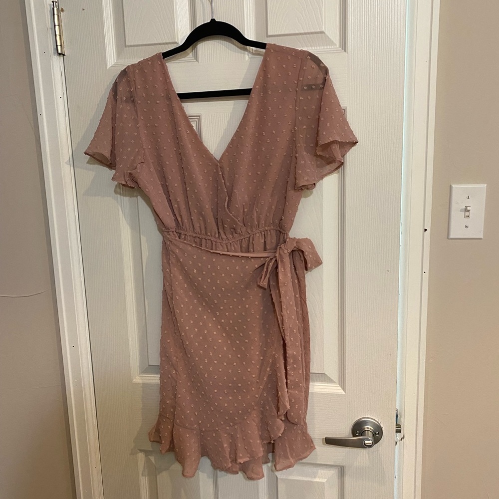 Mauve Swiss dot faux wrap dress